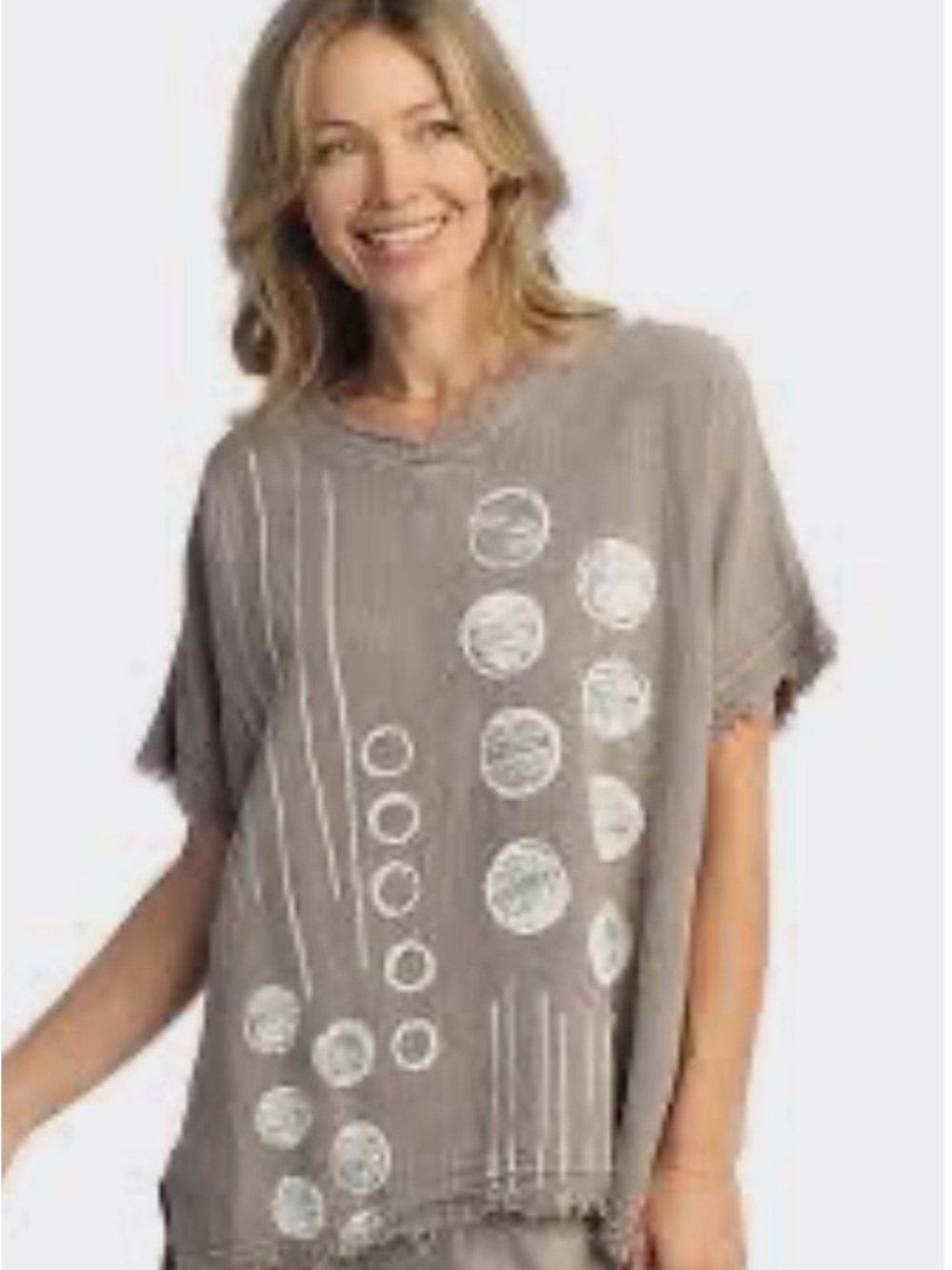 Relaxed Taupe Short-Sleeve Tunic with Circular Print